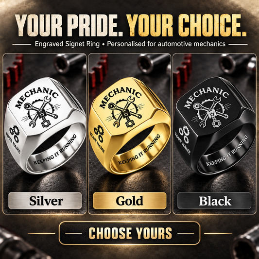 Personalized Mechanic Engraved Signet Ring - Classic Emblem - advertising image