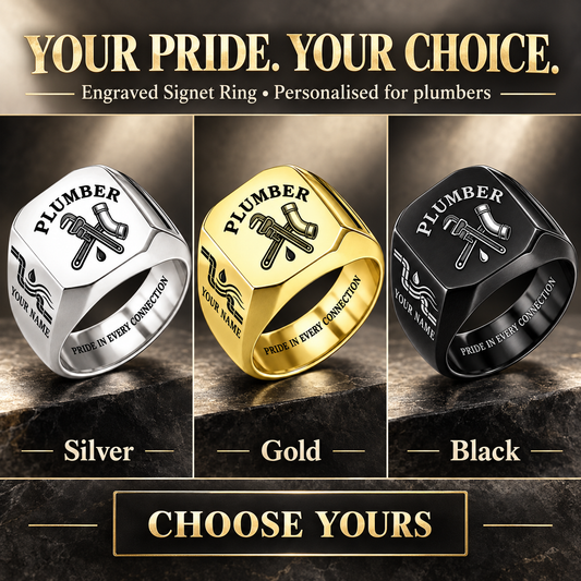 Personalized Plumber Engraved Signet Ring - Classic Emblem - advertising image