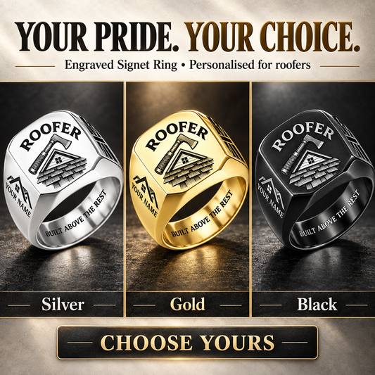 Personalized Roofer Engraved Signet Ring - Classic Emblem - advertising image