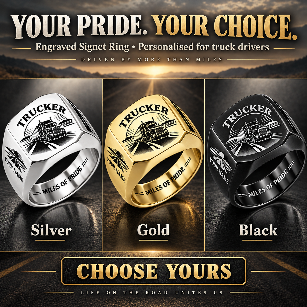 Personalized Trucker Engraved Signet Ring - Classic Emblem - advertising image