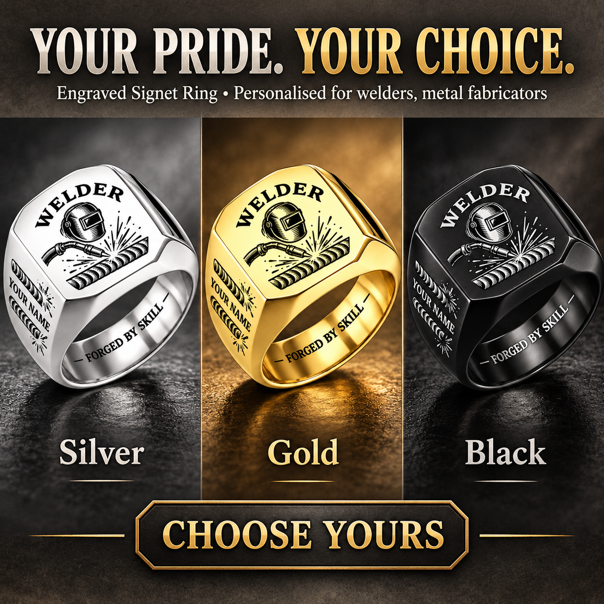 Personalized Welder Engraved Signet Ring - Classic Emblem - advertising image