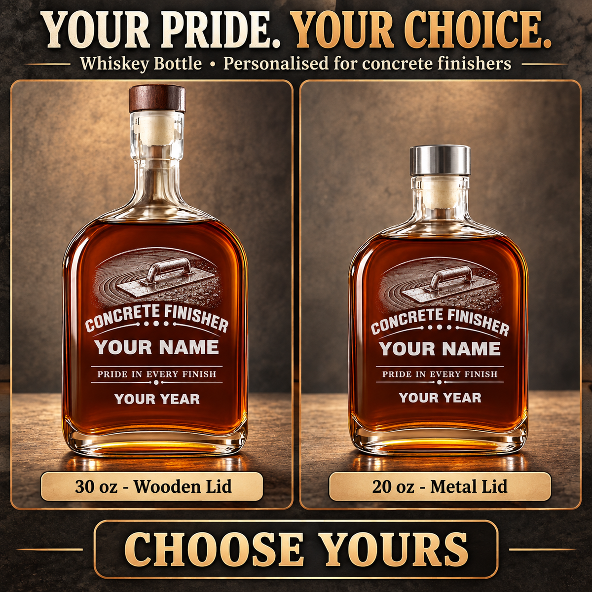 Personalized Concrete Finisher Whiskey Bottle - Milestone Label - advertising image