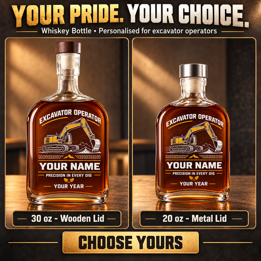 Personalized Excavator Operator Whiskey Bottle - Milestone Label - advertising image