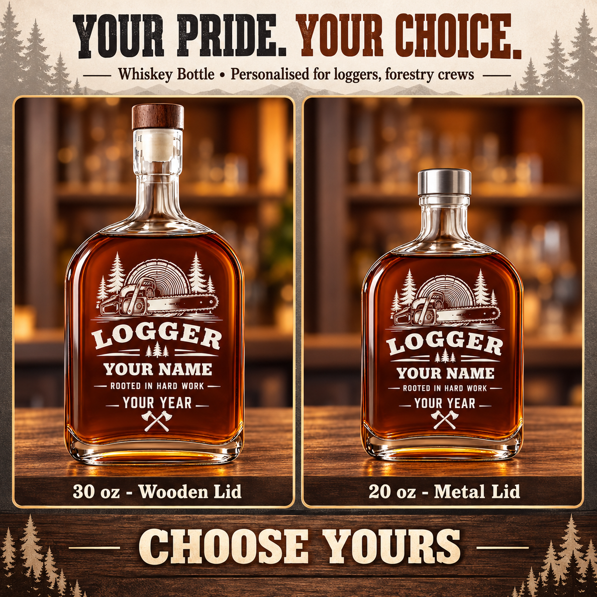 Personalized Logger Whiskey Bottle - Milestone Label - advertising image