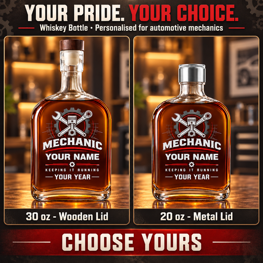 Personalized Mechanic Whiskey Bottle - Milestone Label - advertising image