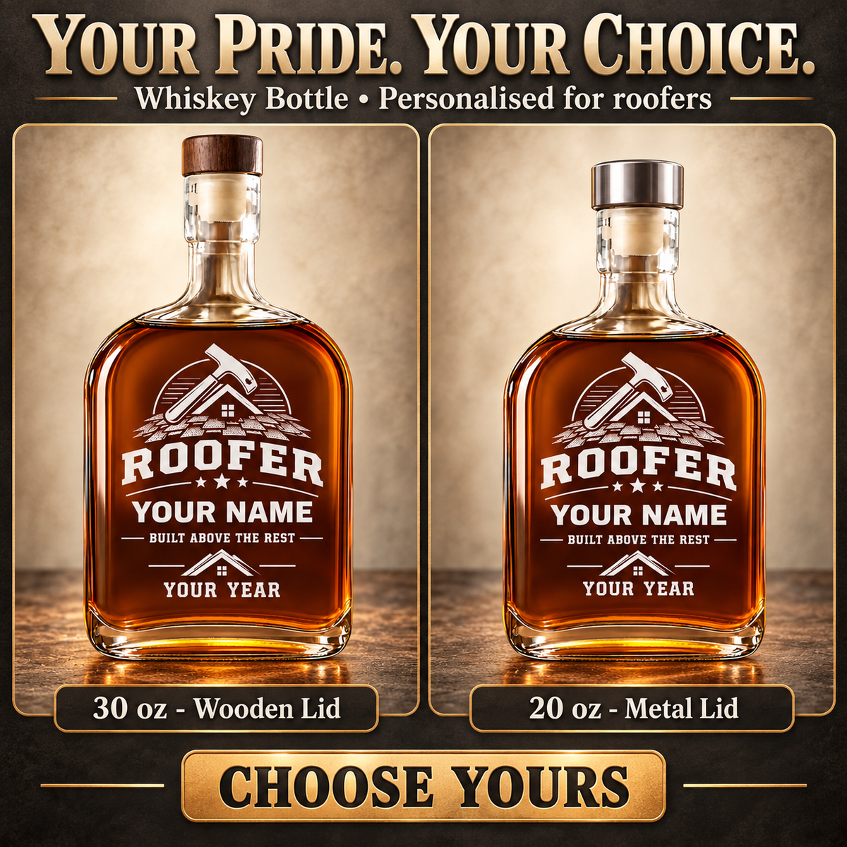 Personalized Roofer Whiskey Bottle - Milestone Label - advertising image