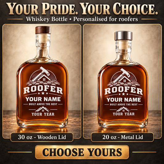 Personalized Roofer Whiskey Bottle - Milestone Label - advertising image