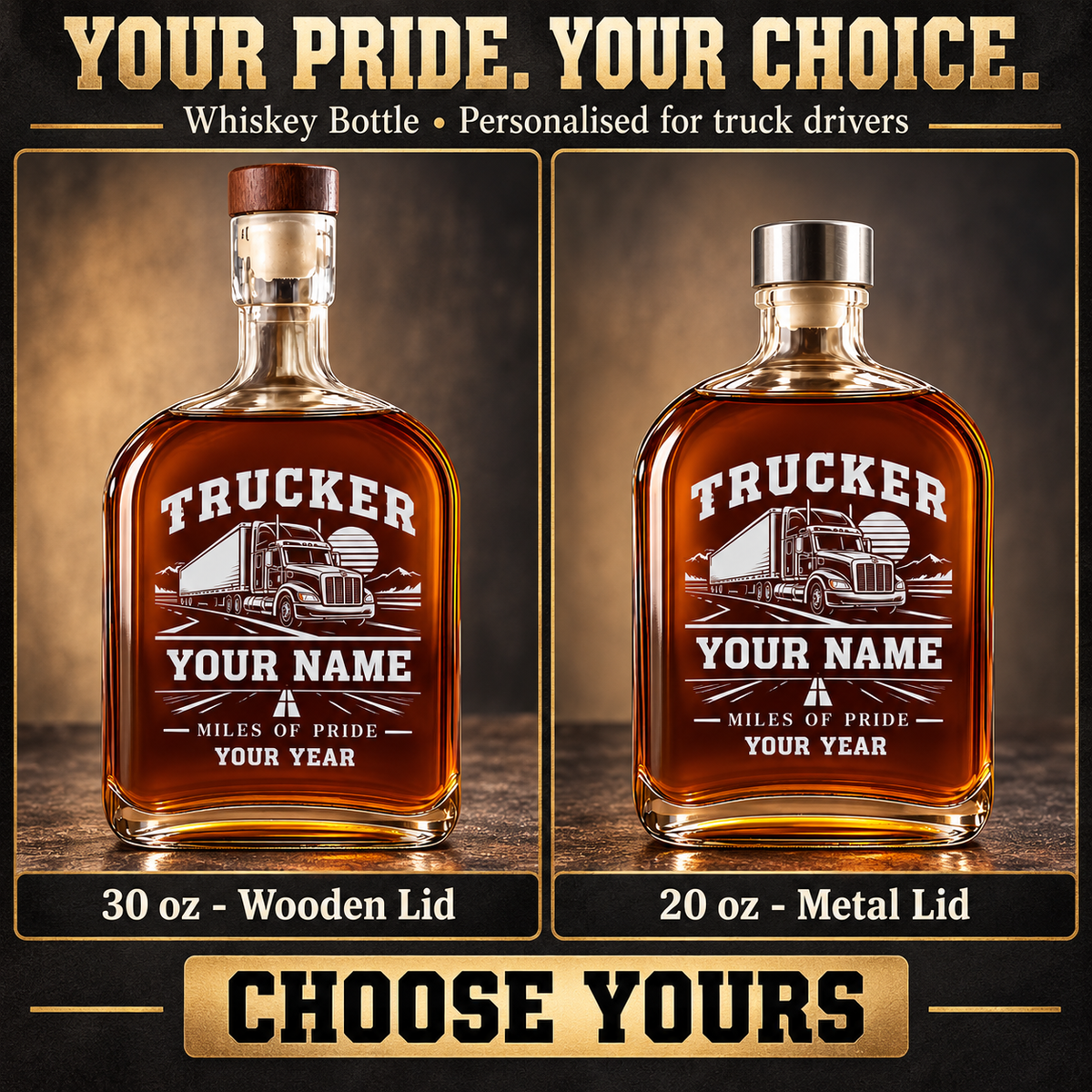 Personalized Trucker Whiskey Bottle - Milestone Label - advertising image