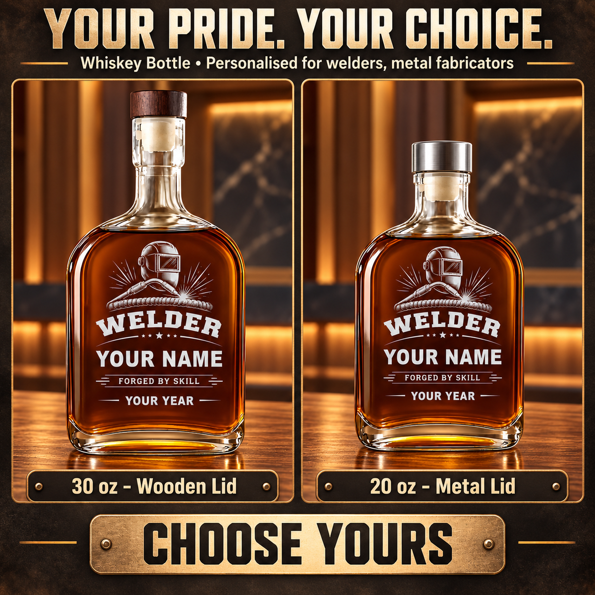 Personalized Welder Whiskey Bottle - Milestone Label - advertising image