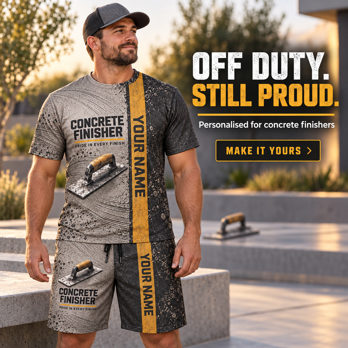 Personalized Concrete Finisher T-Shirt and Shorts Set - Split Texture - advertising image