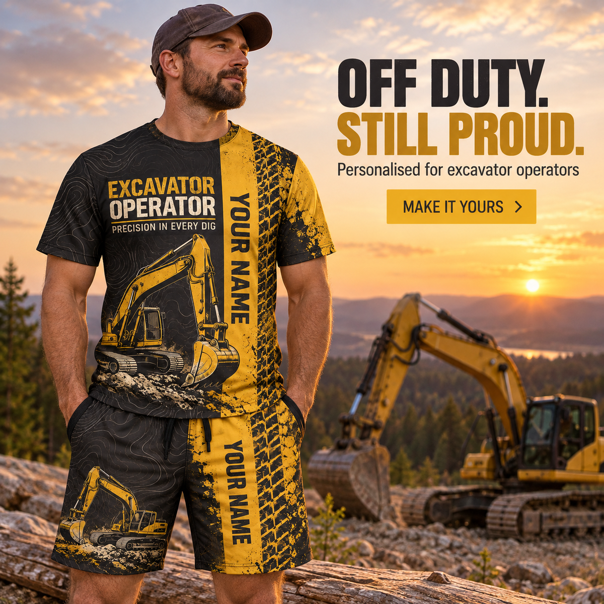 Personalized Excavator Operator T-Shirt and Shorts Set - Split Texture - advertising image