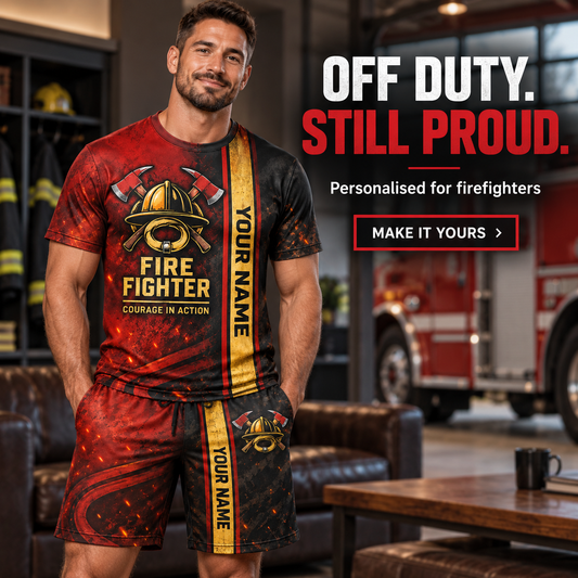 Personalized Fire Fighter T-Shirt and Shorts Set - Split Texture - advertising image