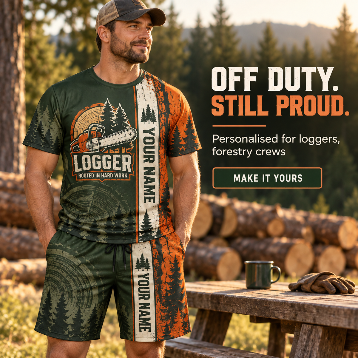 Personalized Logger T-Shirt and Shorts Set - Split Texture - advertising image