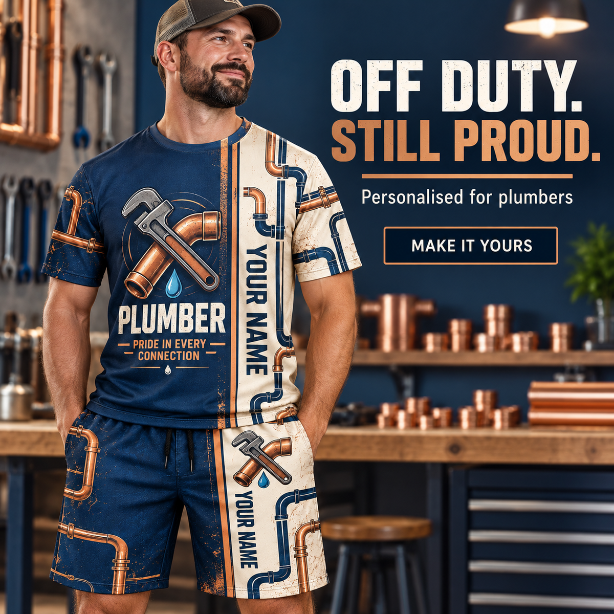 Personalized Plumber T-Shirt and Shorts Set - Split Texture - advertising image