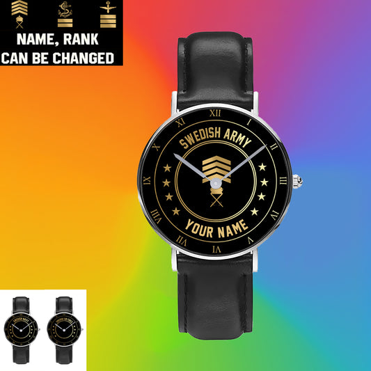 Personalized Sweden Soldier/ Veteran With Name And Rank Black Stitched Leather Watch - 2003240001 - Gold Version