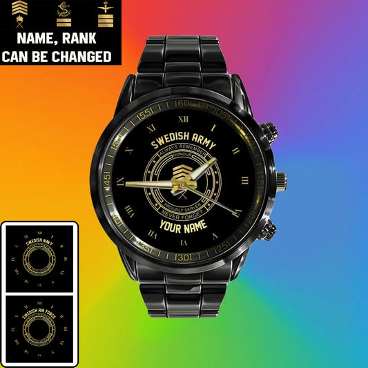 Personalized Sweden Soldier/ Veteran With Name And Rank Black Stainless Steel Watch - 2803240001 - Gold Version