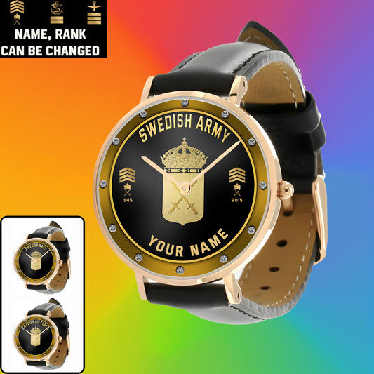 Personalized Sweden Soldier/ Veteran With Name, Rank And Year Black Stitched Leather Watch - 1803240001 - Gold Version