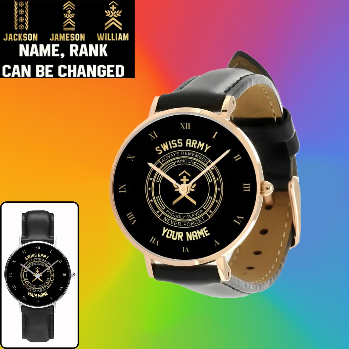 Personalized Swiss Soldier/ Veteran With Name, Rank Black Stitched Leather Watch - 17115840 - Gold Version