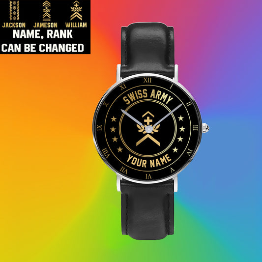 Personalized Swiss Soldier/ Veteran With Name And Rank Black Stitched Leather Watch - 2003240001 - Gold Version