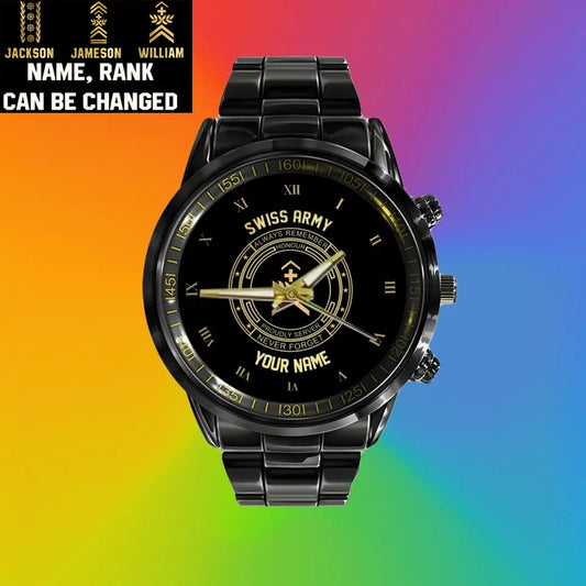 Personalized Swiss Soldier/ Veteran With Name And Rank Black Stainless Steel Watch - 2803240001 - Gold Version