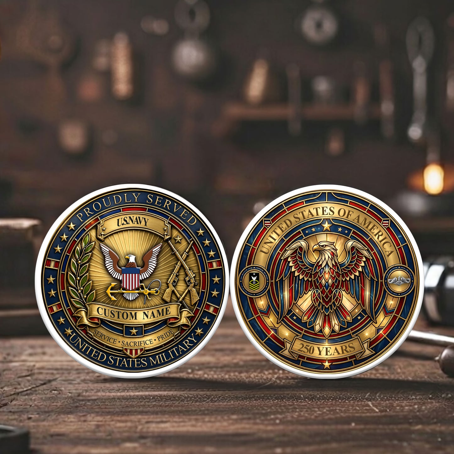 Navy Badge - Personalized US Veteran/ Soldier With Rank, Name And Year 250th Anniversary Coin - 1777420803