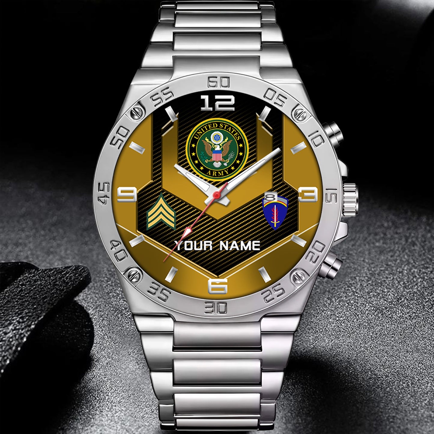 Army Division - Personalized US Soldier/ Veteran With Name And Rank Gentleman Stainless Steel Watch - 17491680
