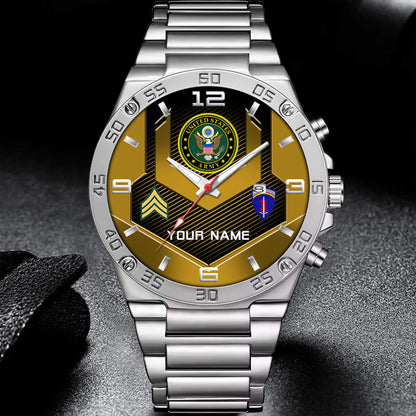 Army Division - Personalized US Soldier/ Veteran With Name And Rank Gentleman Stainless Steel Watch - 17491680