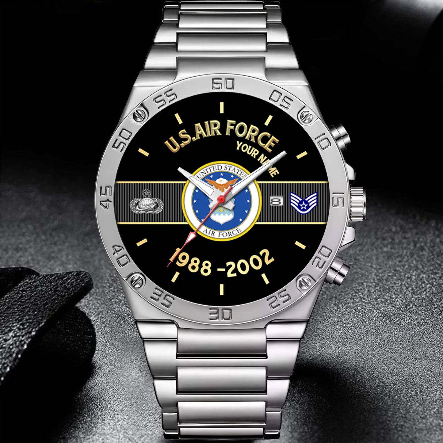 Air Force Badge - Personalized US Soldier/ Veteran With Name And Rank Gentleman Stainless Steel Watch - 17388000