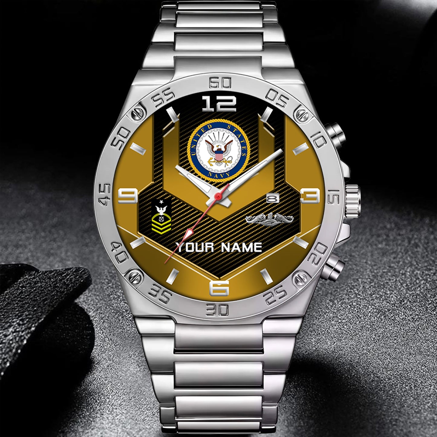 Navy Badge - Personalized US Soldier/ Veteran With Name And Rank Gentleman Stainless Steel Watch - 17491680