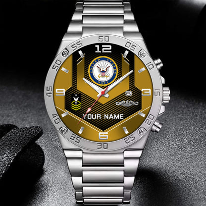 Navy Badge - Personalized US Soldier/ Veteran With Name And Rank Gentleman Stainless Steel Watch - 17491680