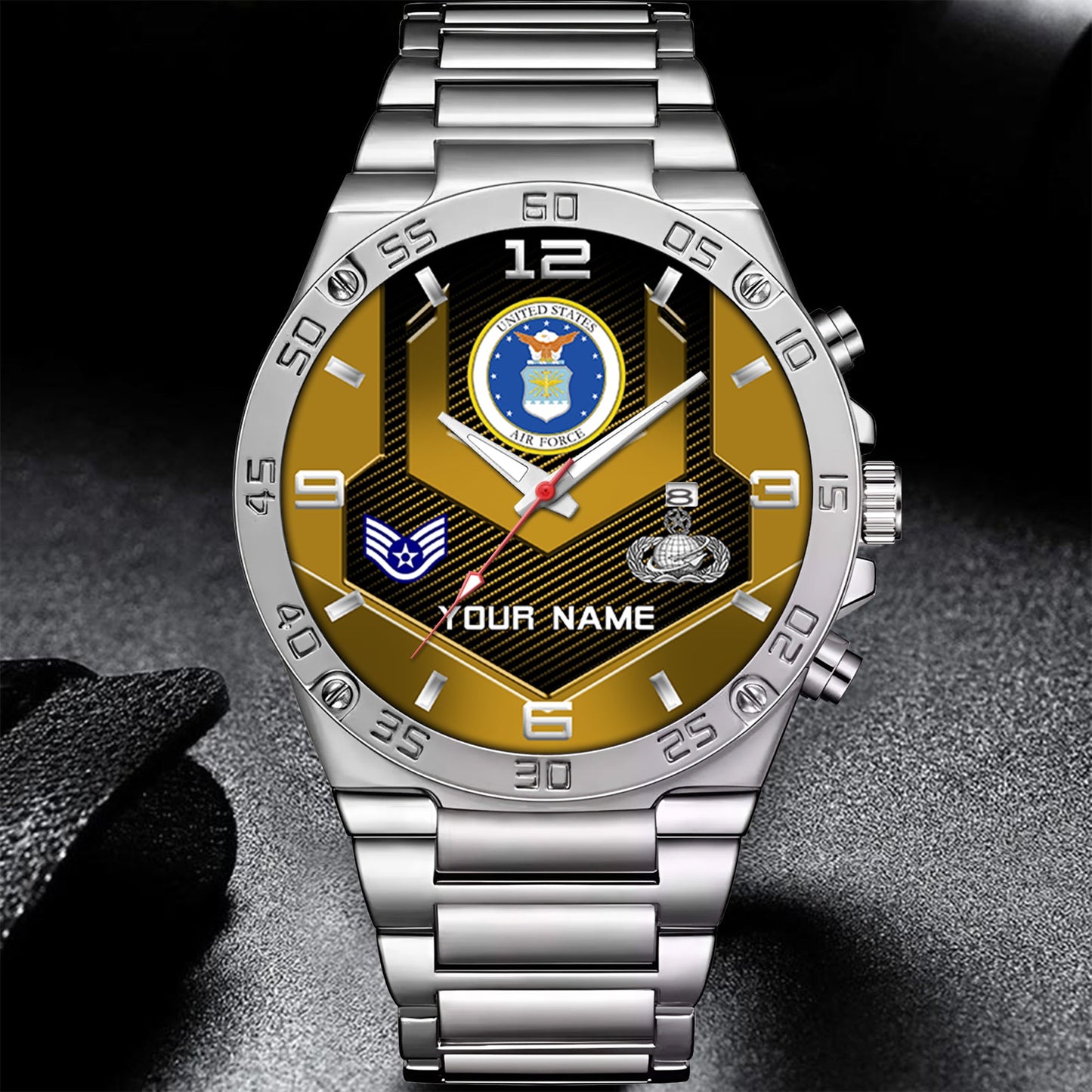 Air Force Badge - Personalized US Soldier/ Veteran With Name And Rank Gentleman Stainless Steel Watch - 17491680