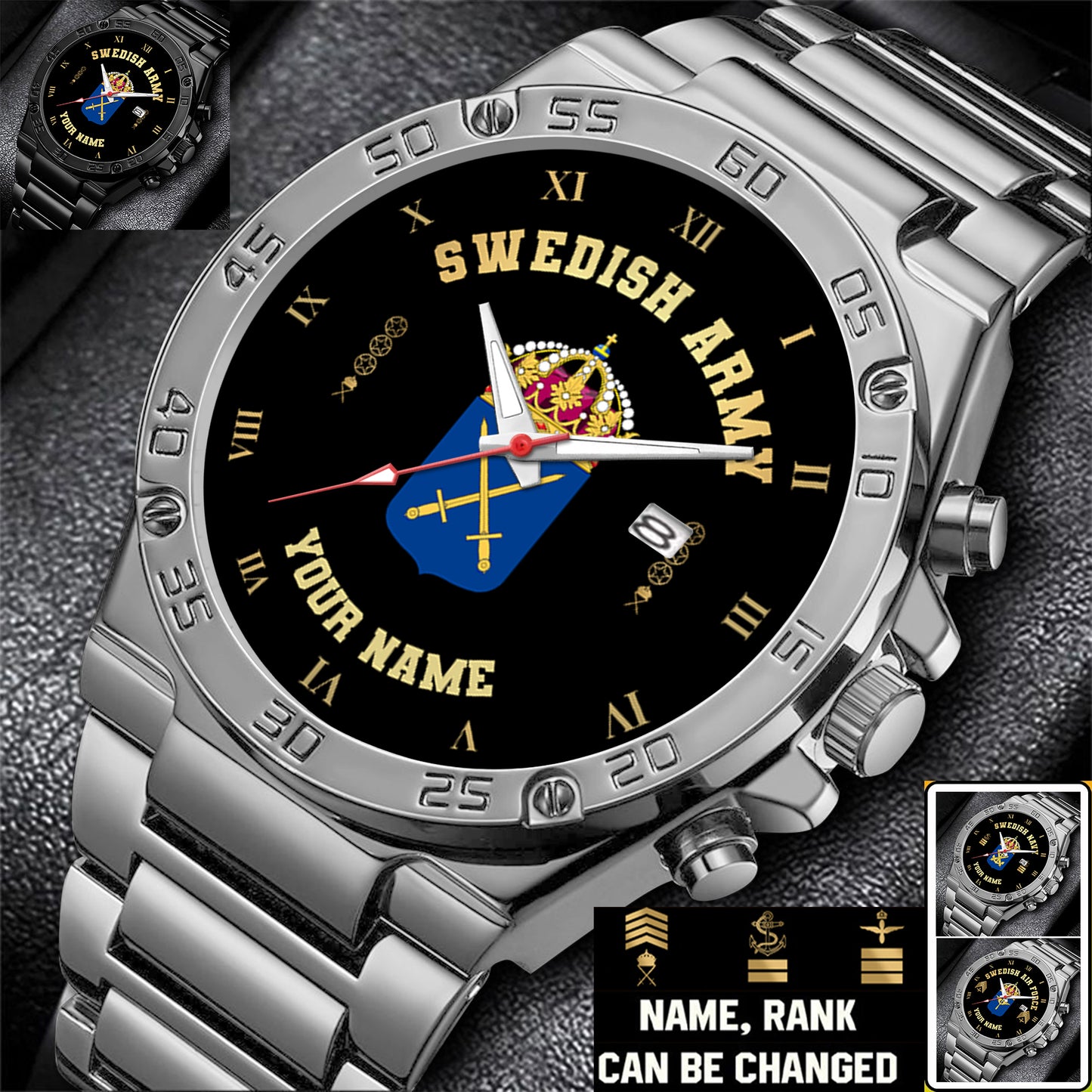 Personalized Sweden Soldier/ Veteran With Name And Rank Gentleman Stainless Steel Watch - 17388864