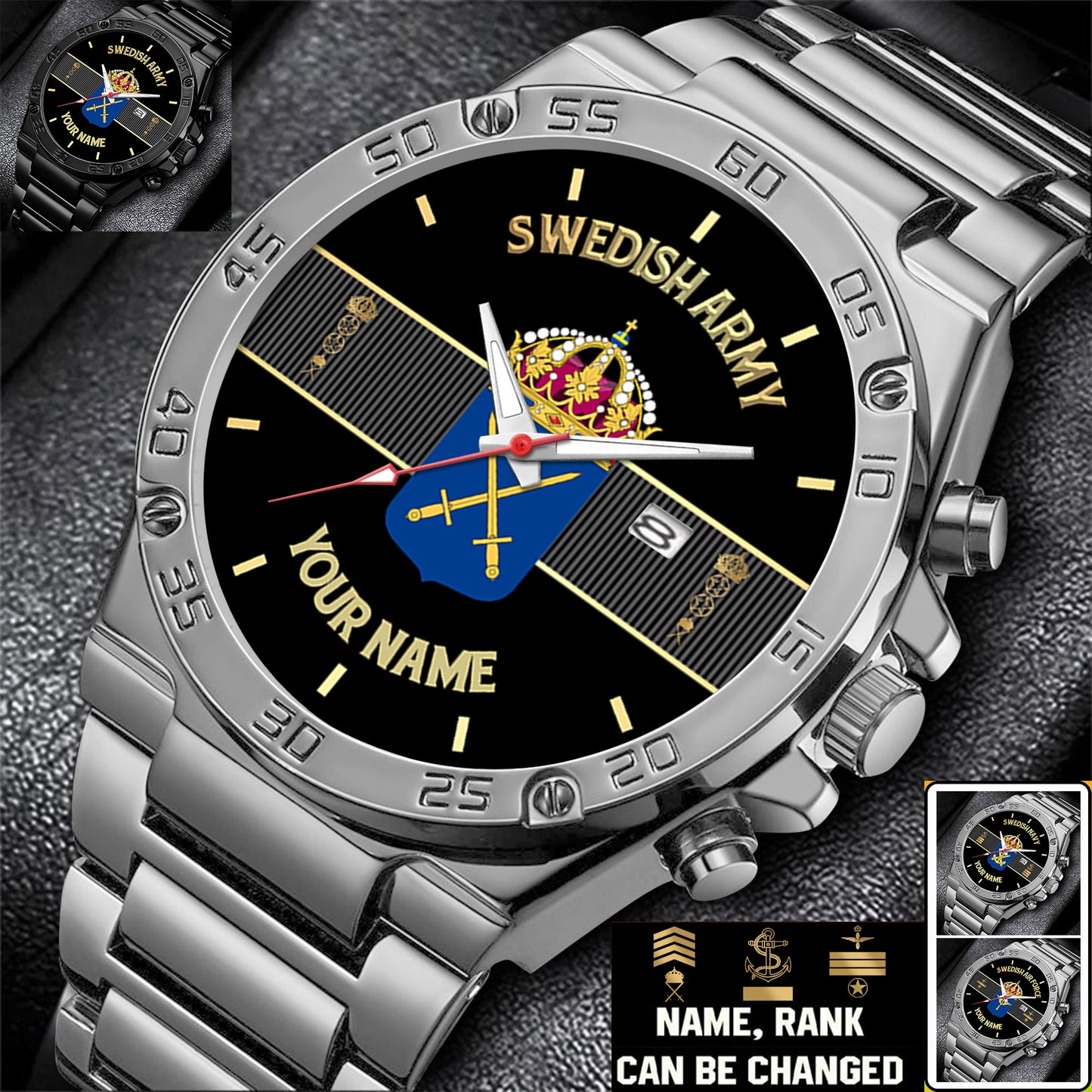 Personalized Sweden Soldier/ Veteran With Name And Rank Gentleman Stainless Steel Watch - 17388000