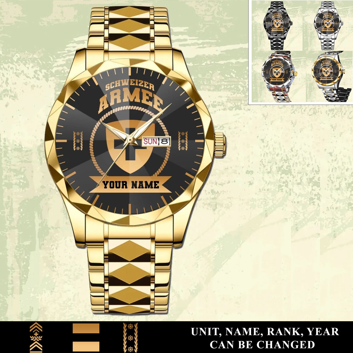 Personalized Swiss Soldier/ Veteran With Rank And Name Gentleman Crystal Metal Watch - 17442432
