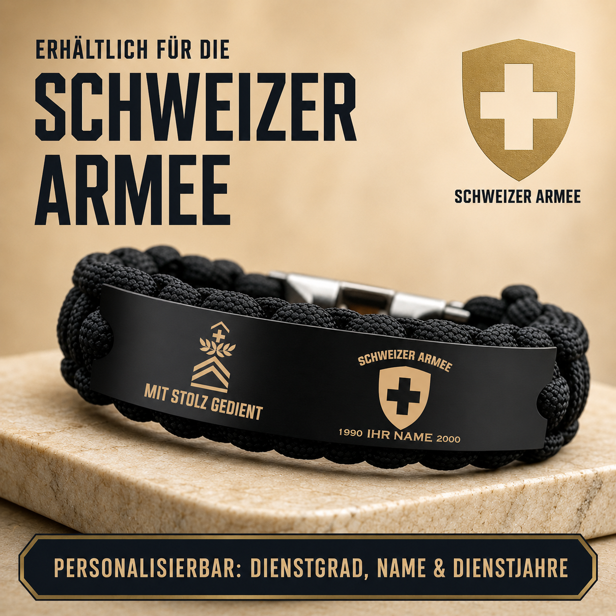 Personalized Swiss Soldier/ Veteran Engraved Military Paracord Bracelet With Rank, Name and Year - 17753472