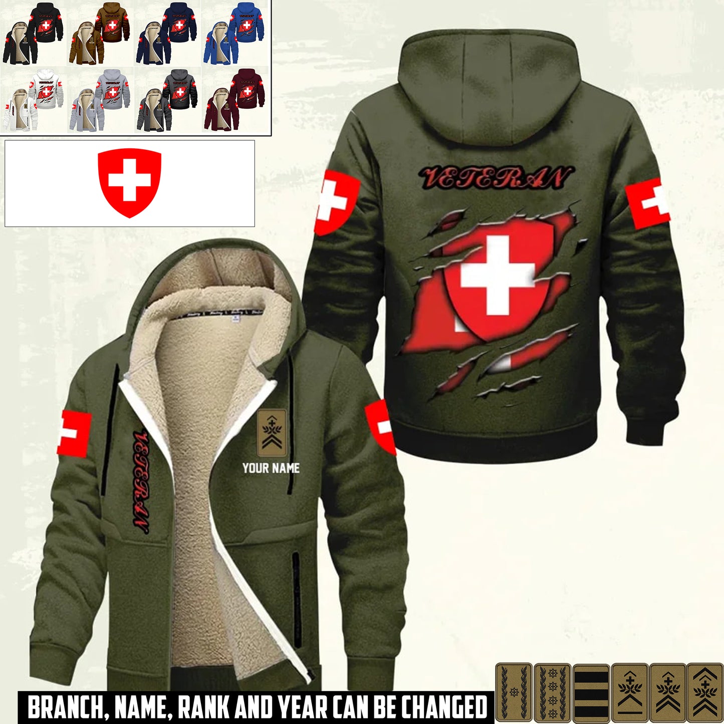Personalized Swiss Soldier/ Veteran With Name And Rank Hoodie Zip Velvet Coat - 17367264