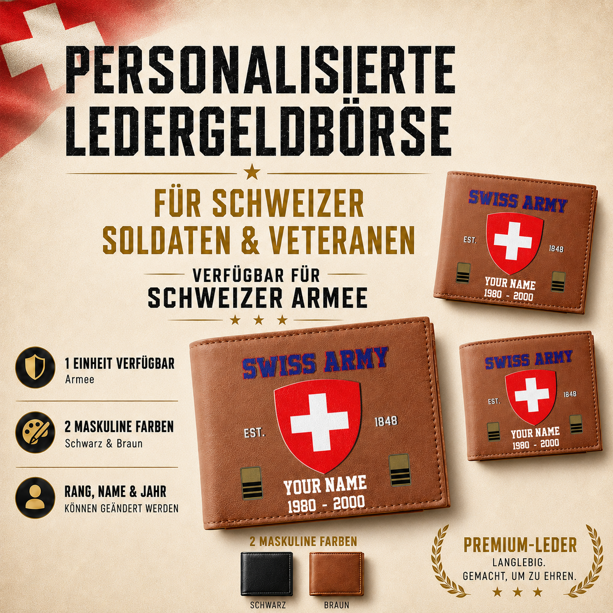 Personalized Swiss Soldier/ Veteran With Rank, Year And Name Leather Wallet - 17441568