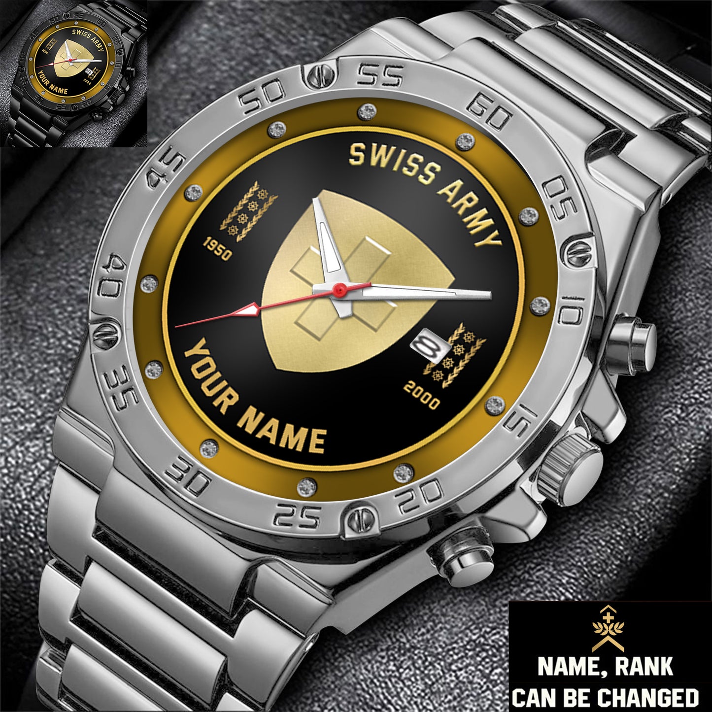 Personalized Swiss Soldier/ Veteran With Name, Rank And Year Gentleman Stainless Steel Watch - 17387136