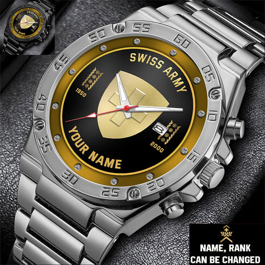 Personalized Swiss Soldier/ Veteran With Name, Rank And Year Gentleman Stainless Steel Watch - 17387136