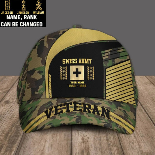 Personalized Rank And Name Swiss Soldier/Veterans Camo Baseball Cap Veteran- 2103240001