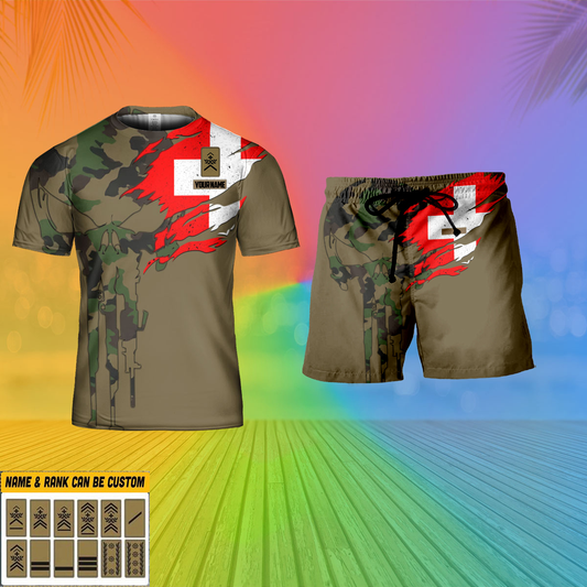 Personalized Swiss Soldier/ Veteran Camo With Name And Rank Combo T-Shirt + Short 3D Printed