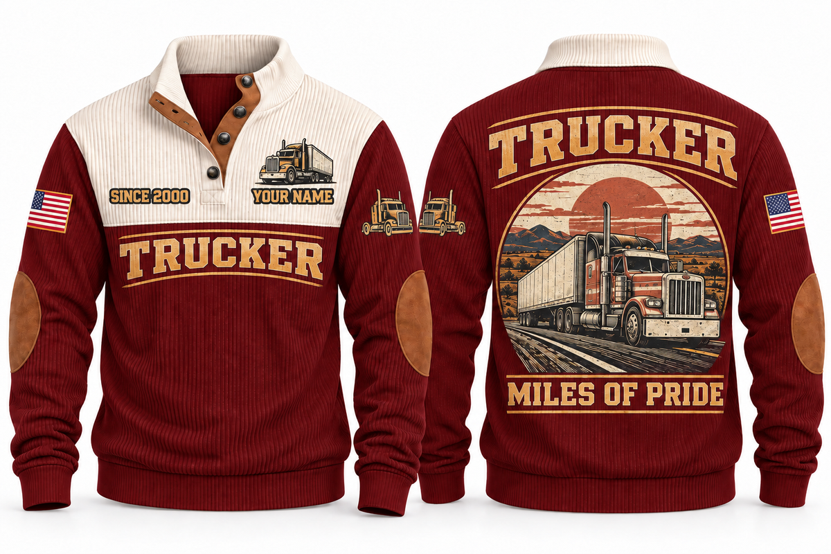TRK01 Personalized Trucker Miles of Pride Sports Sweatshirt in Jujube Red, front and back