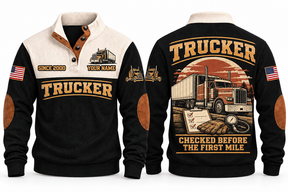 Trucker TRK02 sports sweatshirt black, front and back with flat printed artwork