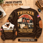 Personalized Trucker Brown sports sweatshirt. PRIDE STARTS BEFORE THE FIRST MILE. Flat printed artwork.