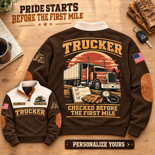Personalized Trucker Brown sports sweatshirt. PRIDE STARTS BEFORE THE FIRST MILE. Flat printed artwork.