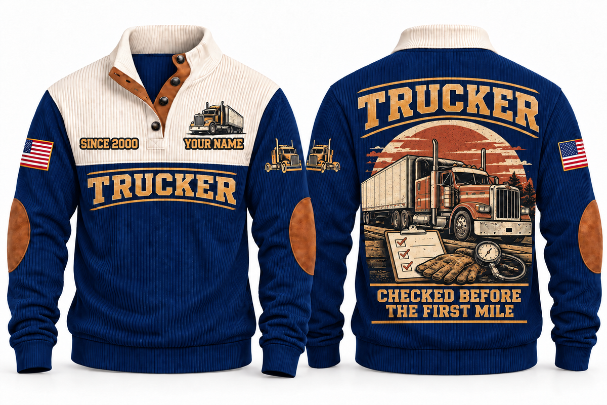 Trucker TRK02 sports sweatshirt navy, front and back with flat printed artwork
