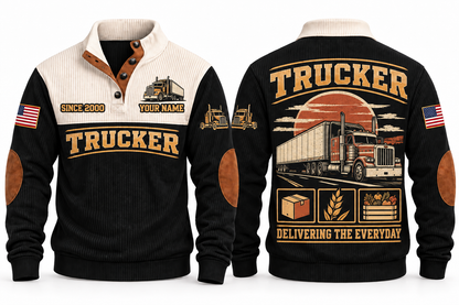 TRK03 Personalized Trucker Freight Moves Forward Sports Sweatshirt in Black, front and back