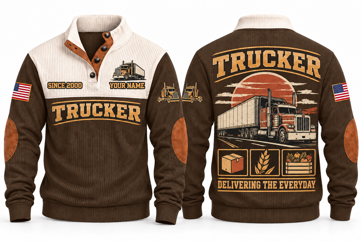 TRK03 Personalized Trucker Freight Moves Forward Sports Sweatshirt in Brown, front and back