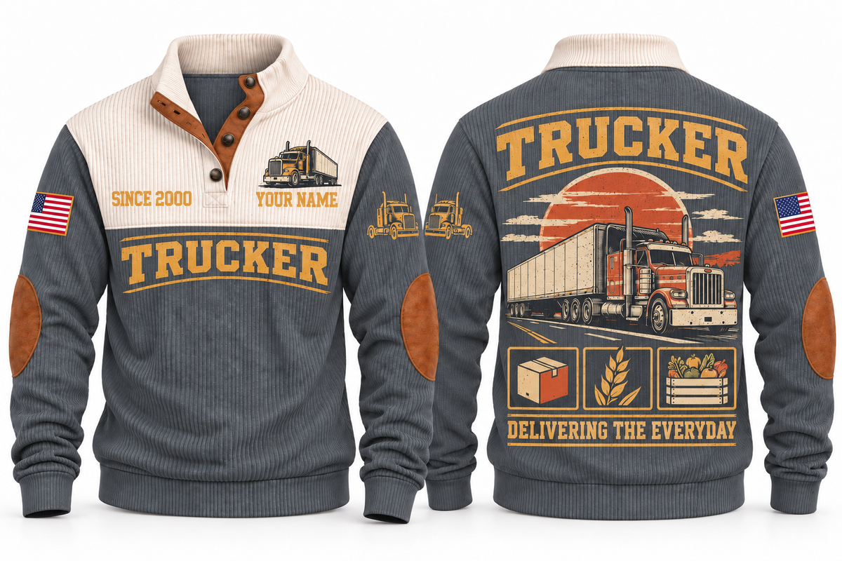 TRK03 Personalized Trucker Freight Moves Forward Sports Sweatshirt in Grey, front and back