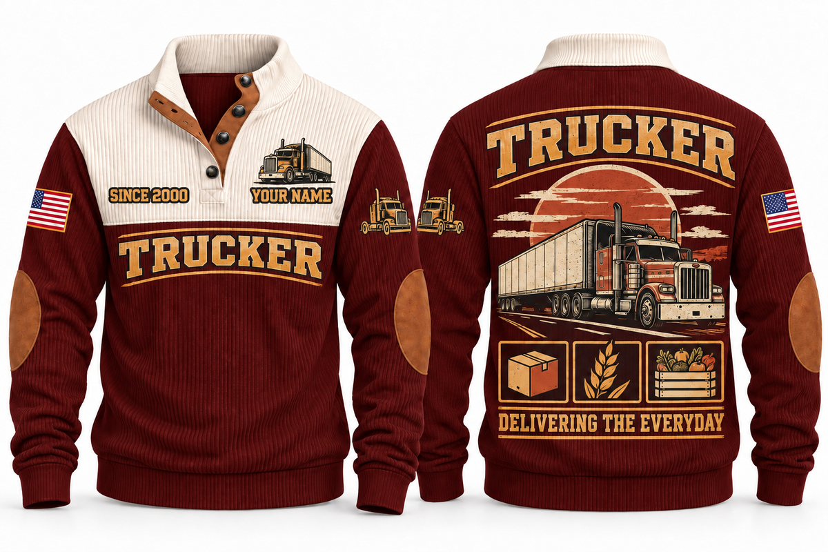 TRK03 Personalized Trucker Freight Moves Forward Sports Sweatshirt in Jujube Red, front and back